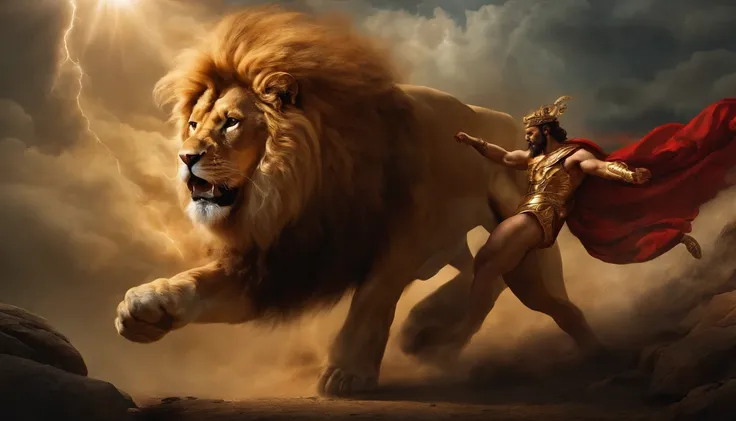 create a painting of Zeus fighting a lion showing his power