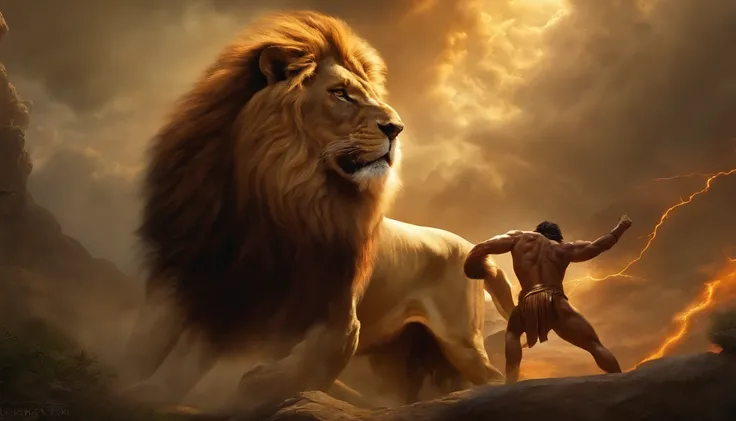 create a painting of Zeus fighting a lion showing his power