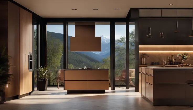 Mountain View,landscape ，Gorgeous renovation，refrigerator，cupboard，Wide scene，in a panoramic view，From the outside, hyper HD, High details