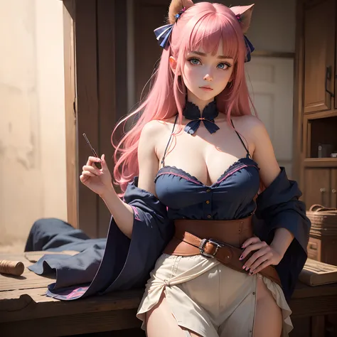 8k, masterpiece, best quality, realistic, higly detailed, cowboy shot, 1girl, solo, Nino, cute, cold-looking girl, waist-length straight hair, square bangs hanging over eyebrows, reddish-pink hair, twin butterfly-shaped ribbons on both sides of head, dark ...