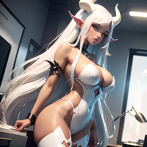 Sexy succubus girl with white long hair, Bronzed Skin, White horns, No wings on the back. Dressed in white high-heeled shoes. standing in the office. Full growth in the frame.