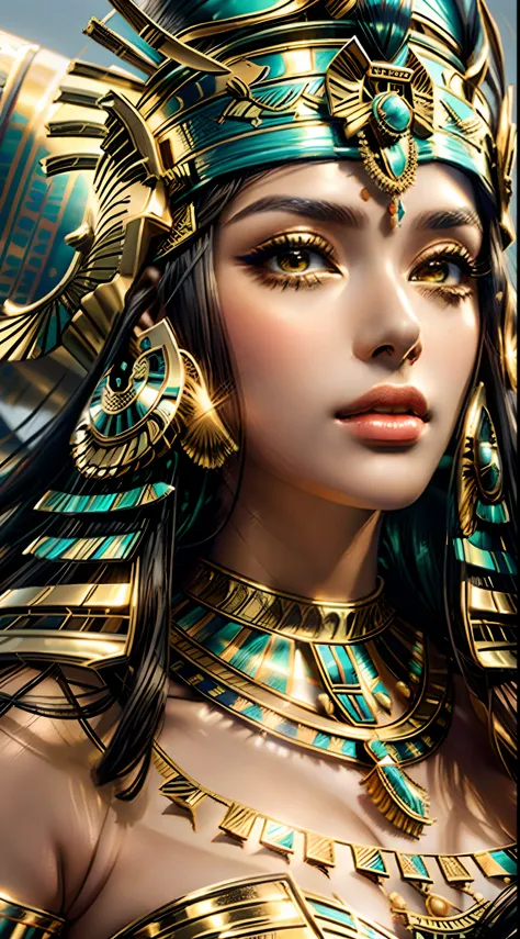 A closeup of a woman wearing a golden headdress and a red hat, beautiful cleopatra, cleopatra portrait, cleopatrah, Um retrato impressionante de uma deusa, Egyptian Princess, Egyptian, 8k arte detalhada de alta qualidade, deusa. Detalhes extremamente altos...