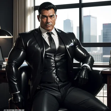 50 years old,daddy,shiny suit ,dad sat on a chair,k hd,in the office,big muscle, gay ,black hair,asia face,masculine,strong man,...