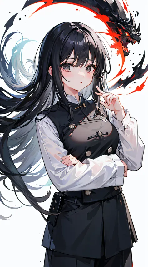 1girll,1girll,Solo,Mao Zedong,Mao suit,Mao suit,,Dragons horn,Black hair,Black eyes,grey clothing,Zhongshan suit,heads,Black vest,white long sleeve shirt、,,Teacher,simply white background