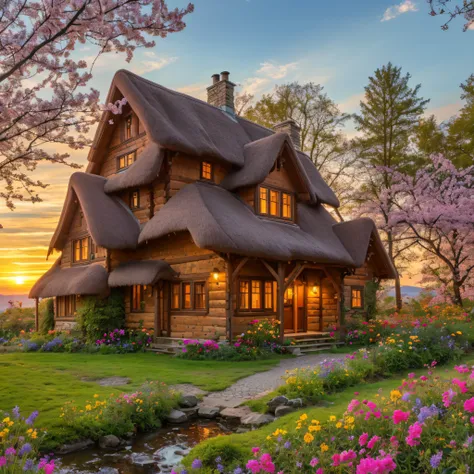 Cottage house, spring sunrise, flowers, enchanted, magical, whimsical, glimmering, (masterpiece:1.1) (best quality) (detailed) (intricate) (8k) (HDR) (cinematic lighting) (sharp focus:1.1)