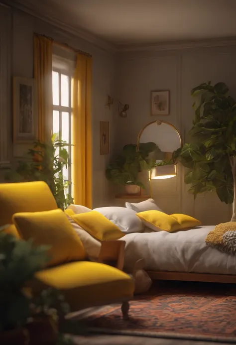 insanely detailed dollhouse, cozy bedroom, cute 3d render, attractive lights and shadows, white and yellow cushions, architecture, furniture, indoors, building, living room, room, rug, plants, home decoration, sofa, chair, interior design  and girl with op...