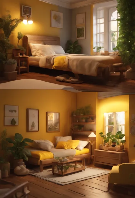 insanely detailed dollhouse, cozy bedroom, cute 3d render, attractive lights and shadows, white and yellow cushions, architecture, furniture, indoors, building, living room, room, rug, plants, home decoration, sofa, chair, interior design  and girl with op...