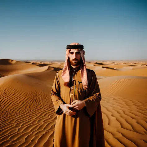 A ginger man with long hair in desert, Saudia Arabian outfit, desert background