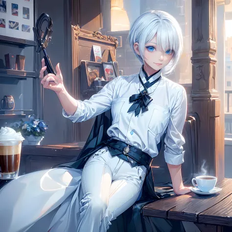 ((4K works))、​masterpiece、(top-quality)、1 beutiful girl、Slim body、tall、((Black Y-shirt and white pants、Charming street style))、(Detailed beautiful eyes)、Daytime coffee shop、((Bright coffee shop))、For a date at a fashionable coffee shop、((Face similar to Ca...