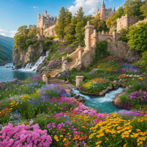 queens castle, flowers, enchanted, magical, glimmering, luxurious, stunning, gorgeous view, (masterpiece:1.1) (best quality) (detailed) (intricate) (8k) (HDR) (cinematic lighting) (sharp focus:1.1)