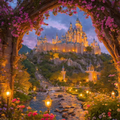 queens castle, flowers, enchanted, magical, glimmering, luxurious, stunning, gorgeous view, (masterpiece:1.1) (best quality) (detailed) (intricate) (8k) (HDR) (cinematic lighting) (sharp focus:1.1)