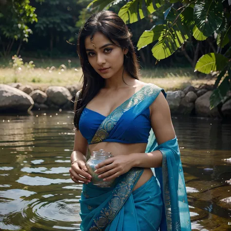 (best quality,ultra-detailed,realistic),woman in a beautiful blue saree,indian culture,water jug,(detailed face and eyes:saree,face,eyes),(vibrant colors),(lighting),glimmering river scene,sunlight sparkles on the water,traditional attire,graceful posture,...