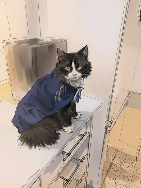 there is a cat that is sitting on a counter with a cape, she is wearing a superhero cape, wearing a blue robe, cute furry needs your help, wearing blue robe, dressed in a robe, very handsome, dressed in a blue cloak, a handsome, smokey, there is full bedpa...