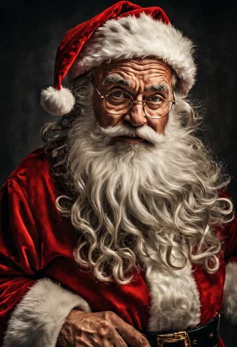 Hyper-detailed photograph of a captivating portrait of Santa Claus, wise and seasoned, a rough expression that tells stories of countless journeys (facing viewer: 1.2), (sharp focus, hyper-detailed, highly complex: 1.20), (natural lighting: 1.2 ), extremel...