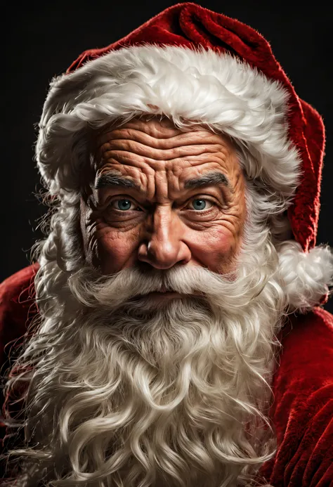 Hyper-detailed photograph of a captivating portrait of Santa Claus, wise and seasoned, a rough expression that tells stories of countless journeys (facing viewer: 1.2), (sharp focus, hyper-detailed, highly complex: 1.20), (natural lighting: 1.2 ), extremel...