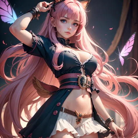 8k, masterpiece, best quality, realistic, higly detailed, cowboy shot, 1girl, solo, Nino, cute, cold-looking girl, waist-length straight hair, square bangs hanging over eyebrows, reddish-pink hair, twin butterfly-shaped ribbons on both sides of head, dark ...