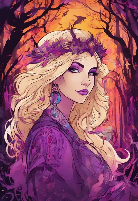 female with glowing purple eyes, blonde hair, witch, goddess, casting glowing spells, in mystical fantasy woods, evil smirk