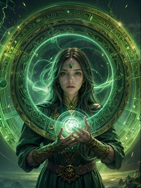 A woman using green magic spell to summoning a magical shield perfect through a powerful spell to create a magical giant green circle, perfect details, highly detailed portrait, 24K UHD graphics, blurred background