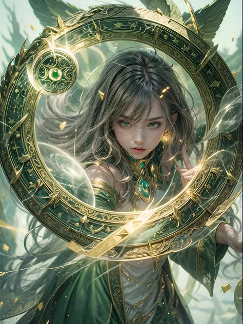 A woman using green magic spell to summoning a magical shield perfect through a powerful spell to create a magical giant green circle, perfect details, highly detailed portrait, 24K UHD graphics, blurred background