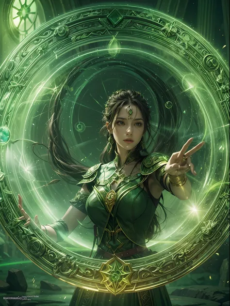 A woman using green magic spell to summoning a magical shield perfect through a powerful spell to create a magical giant green circle, perfect details, highly detailed portrait, 24K UHD graphics, blurred background