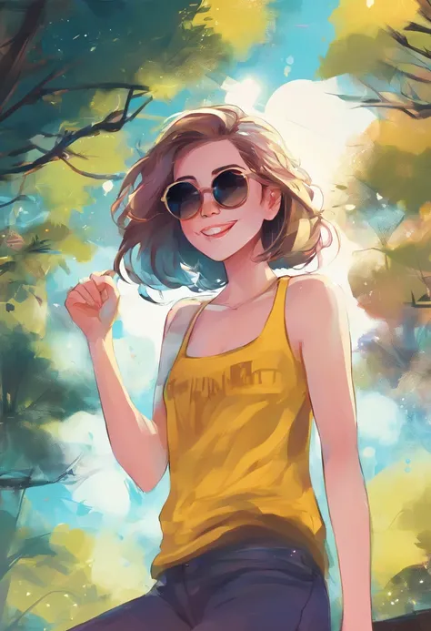 1girl, woman, petite, pale skin, detailed face, bob cut hair, blue eyes, wearing yellow tank top, happy, laugh, statement sunglasses in a park, sky, trees, moonlight, stars, vivid colors, bokeh background, dramatic color, cartoon, from below, cinematic, wh...