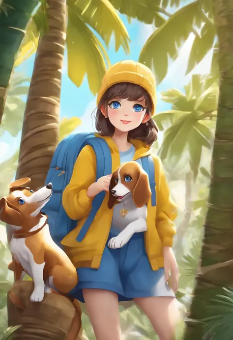 Anime girls with (((Yellow backpack))) and (((Four dogs on a coconut tree))), ((((blue eyes girl)))), (((The girl wears a beanie))), Cute detailed digital art, lovely digital painting, ((((Lens The front of the character)))), Guviz-style artwork, Realistic...