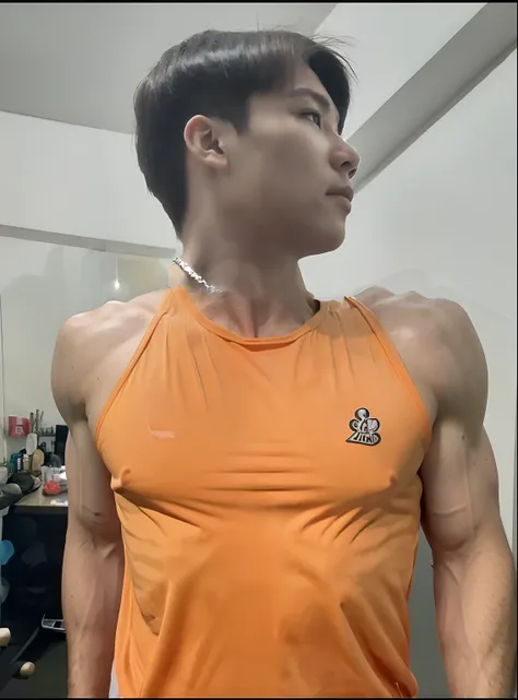 The muscle man is showing off his muscles