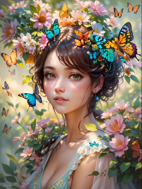 girl with a butterfly head, surrounded by a colorful garden, soft and soothing colors, vibrant flowers, butterflies flying around, gentle sunlight, dreamlike atmosphere, detailed and realistic features, smooth brushstrokes, oil painting medium, high-qualit...