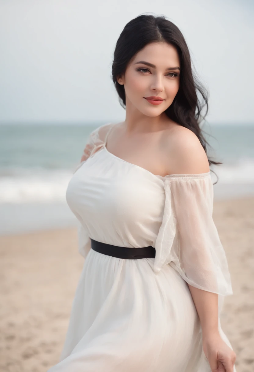 Big woman on the beach, Sexy Pose, Perfect sexy body, light black hair, hard disk, perfect smile, white dress, ultrarealstic