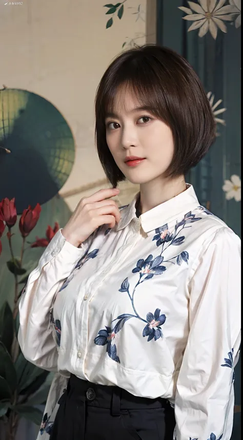 32
(shorthair:1.23), (a 20 yo woman), (a hyper-realistic), (masterpiece), (8kuhd), long sleeve shirt with floral pattern, breech...