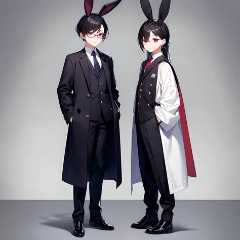 10 generations　Male child　twinks　A dark-haired　shorth hair　eye glass　　A dark-haired　eye glass　piercings　coat　Japan school uniform　Wearing clothes　Long pants　　cute  face　Both have rabbit ears　long boots　1 persons　full body illustration