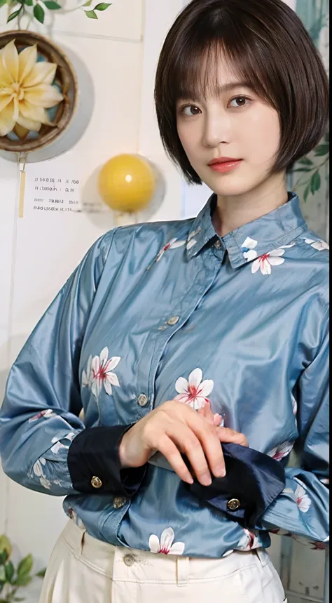 32
(Shorthair:1.23), (a 20 yo woman), (A hyper-realistic), (Masterpiece), (8KUHD), Long sleeve shirt with floral pattern, breeches, (breast:1.23), serene expressions