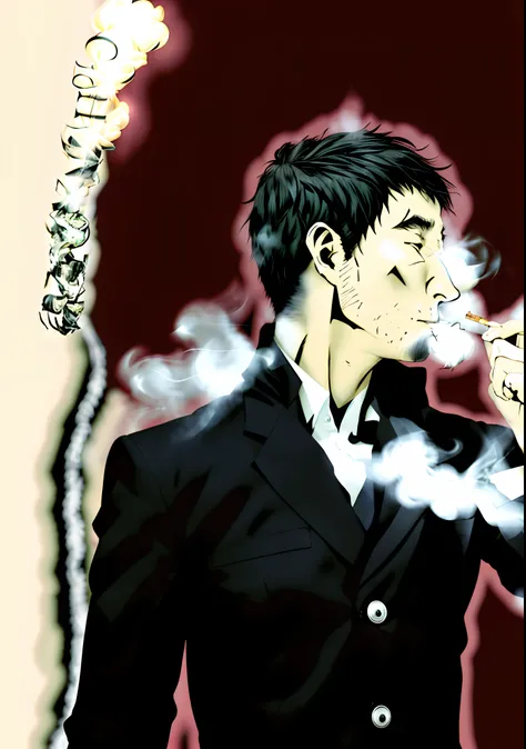 there is a man smoking a cigarette in a black suit, kentaro miura art, gendo ikari smoking a joint, manga style of kentaro miura, kentaro miura manga art style, kentaro miura manga style, inspired by Sadamichi Hirasawa, kentaro miura art style, in style of...