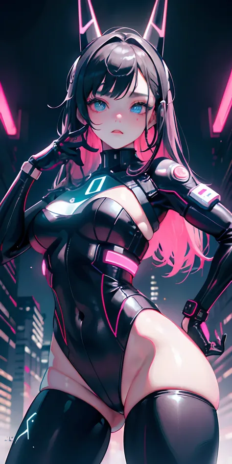 top-quality))、((​masterpiece)、Close-up of people、Buttock emphasis、cyberpunked、Big buttocks、Electronic visor attached to 12-year-old girls face with emphasis on buttocks、Cyberpunk Fashion、Sexy Posing、(Wearing white body spats on lower body、Breasts enlarged、...