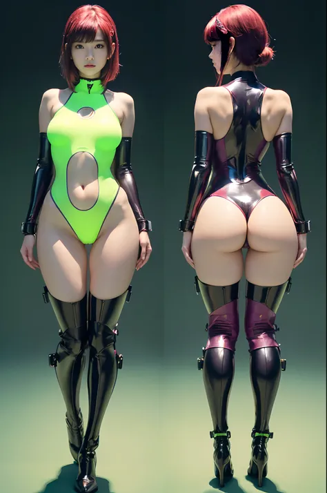 Japan Girl、23years old、Body shape of gymnasts、small but well-shaped breasts,、nippless、((Full body like、The whole body is upright、Oblique back view))、(((Fluorescent green bodysuit covering the whole body、long Leather boots、 Worldview of cybernetics))、glossy...