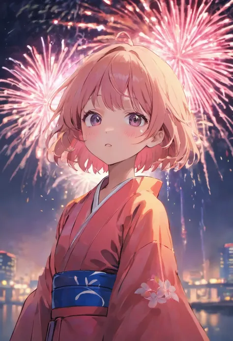 (best quality,4k:1.2),(cute girl:1.0),(solo performance:1.0),(short hair:1.0),(pink kimono:1.0),(upper body:1.0),(ultra-detailed:1.0),(fireworks,night sky,stars)