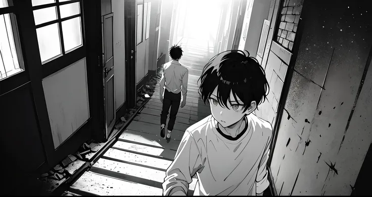 Boy with black hair and gray eyes、ember、Gatai is good、Rin々Right、short-haired、White shirt and long pants、In a dark room、Long corridor、Black and white and gray、neons、ruins、Decadent、murky、Perspective from above、Overhead view angle、Contrasty