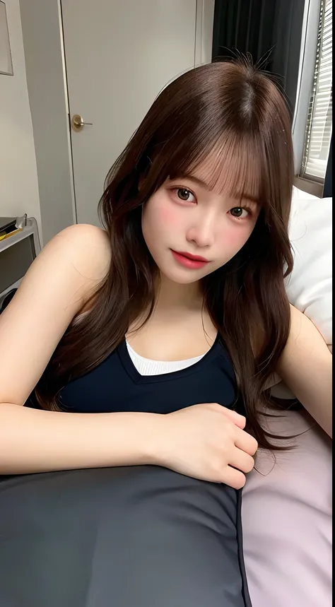 (photo realistic:1.2), solo,(masterpiece, best quality, ultra detailed,), best quality, high resolution, distinct image,(18 yo:1.1),athlete student girl,(180cm:1.1), parfect body, big chest, no make up, black hair, messy hair,(lying on bed:1.2),(head on pi...