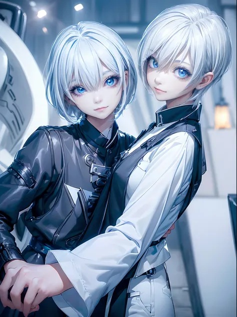 ((4K works))、​masterpiece、(top-quality)、1 beutiful girl、Slim body、tall、((Black Y-shirt and white pants、Charming street style))、(Detailed beautiful eyes)、Daytime city、in the task、((Face similar to Carly Rae Jepsen))、((Short-haired white hair))、((Smaller fac...