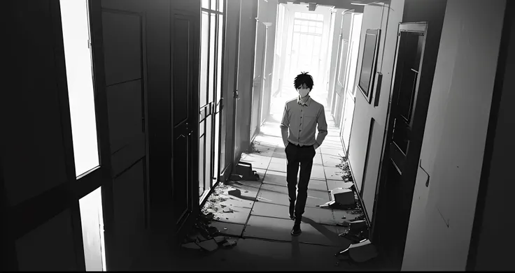 Boy with black hair and gray eyes、ember、Gatai is good、Rin々Right、short-haired、White shirt and long pants、In a dark room、Long corridor、Black and white and gray、neons、ruins、Decadent、murky、Perspective from above、Overhead view angle、Contrasty