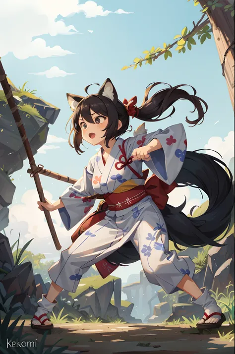 social game, unit illustration, fighting pose, fantasy, 1girl, solo, yukata, furry, kemono, detailed body fur, full body,