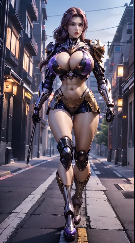 1GIRL, SOLO, (ssmile, makeup, beautifull eyes, red libs, ponytail, gold dragon helm), (HUGE BOOBS:1.5), (MECHA GUARD ARM, GLOVES), (black, purple, GIRL IN MECHA CYBER ARMOR CROP TOP, ROYAL FEATHERS CAPE, CLEAVAGE, BLACK SKINTIGHT HOTPANTS, HIGH HEELS:1.4),...