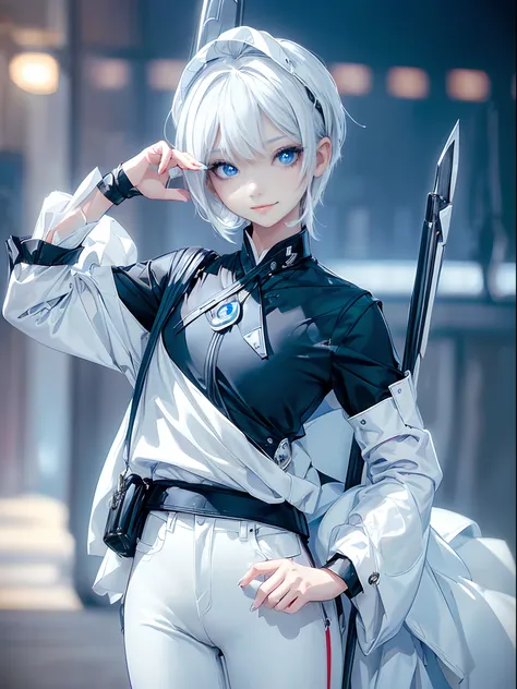 ((4K works))、​masterpiece、(top-quality)、1 beutiful girl、Slim body、tall、((Black Y-shirt and white pants、Charming street style))、(Detailed beautiful eyes)、Daytime city、in the task、((Face similar to Carly Rae Jepsen))、((Short-haired white hair))、((Smaller fac...