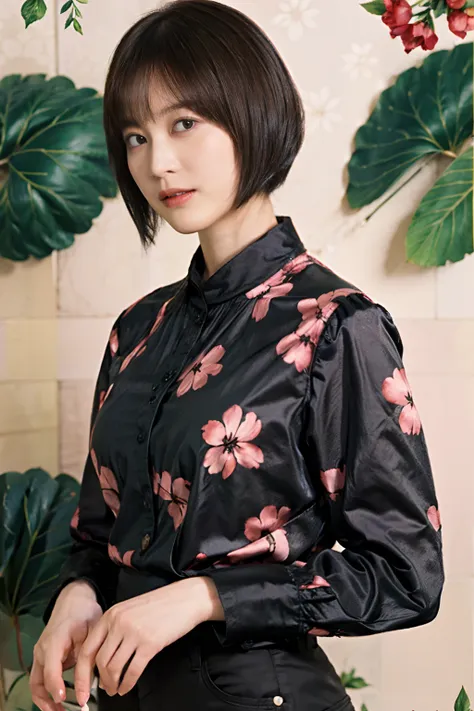 32
(shorthair:1.23), (a 20 yo woman), (a hyper-realistic), (masutepiece), (8kuhd), long sleeve shirt with floral pattern, breech...