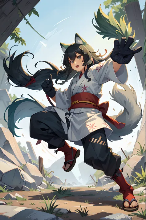 social game, unit illustration, fighting pose, fantasy, 1girl, solo, yukata, furry, kemono, detailed body fur, full body,