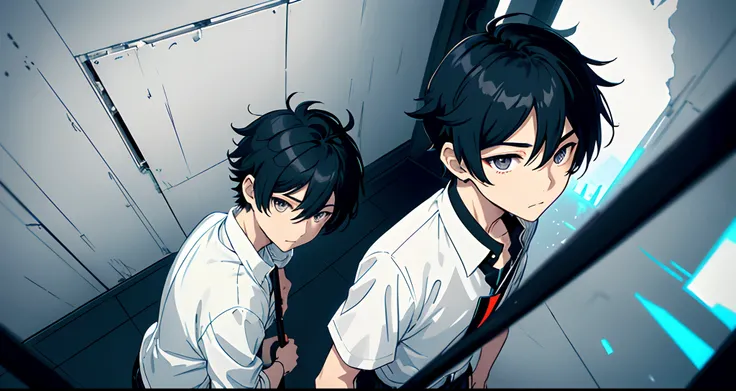 Boy with black hair and gray eyes、ember、Gatai is good、Rin々Right、short-haired、White shirt and long pants、In a dark room、Long corridor、Black and white and gray and blue、neons、ruins、Decadent、murky、Perspective from above、Overhead view angle、Contrasty