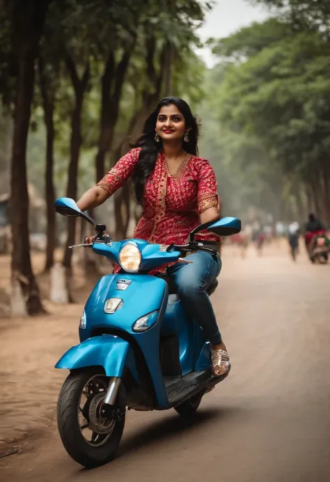 young Indian girl together with Indian middle age men, ridding honda active scooter