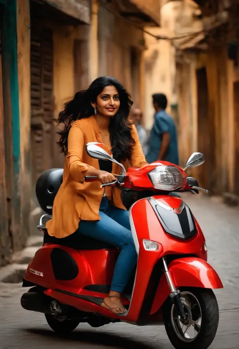 young Indian girl together with Indian middle age men, ridding honda active scooter