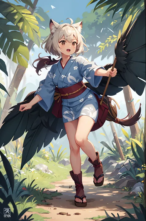 social game, unit illustration, fighting pose, fantasy, 1girl, solo, yukata, furry, kemono, detailed body fur, full body,