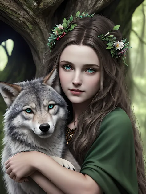 (Beautiful Druidic Girl:1.3) hugging a wolf  (the Extremely Detailed CG Unity 8K Wallpapers,masutepiece, Best Quality, Ultra-detailed, Beautiful detailed eyes:1.2),Best Illumination, (Best Shadow, extremely delicate and beautiful, bloom), masutepiece, Best...